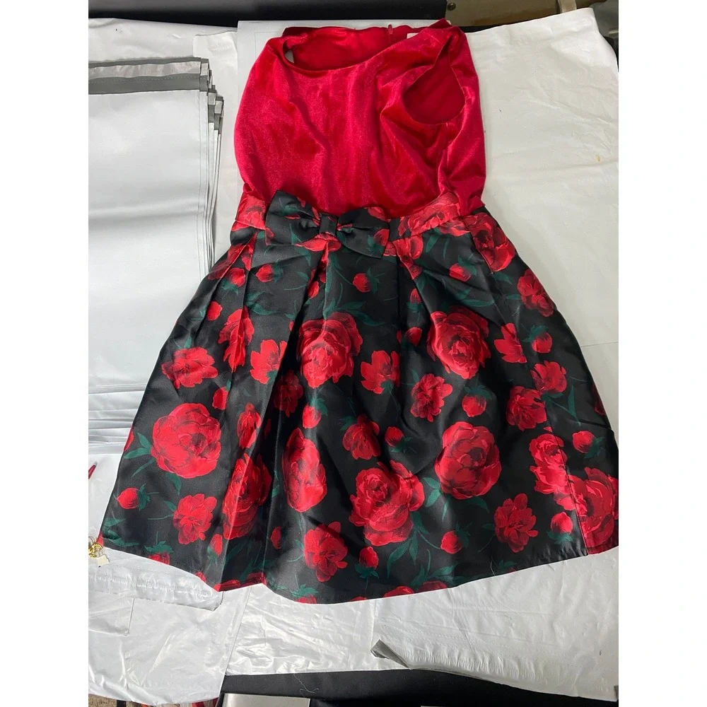 The Childrens Place Girls Red Velvet Floral Rose Holiday Party Dress Size 12 NWT